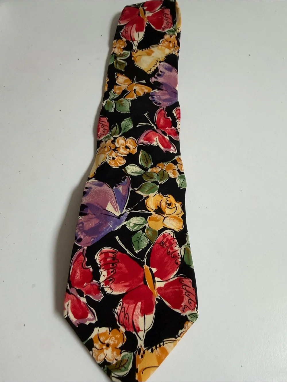 Givenchy Couture Black Silk Tie Red, Purple & Yellow Floral Butterfly Print